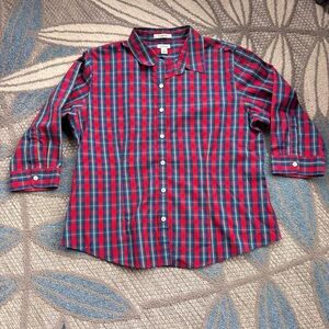 L.L.Bean Wrinkle Free Button Up Shirt Womens Large Pet Red Blue Plaid 3/4 Sleeve
